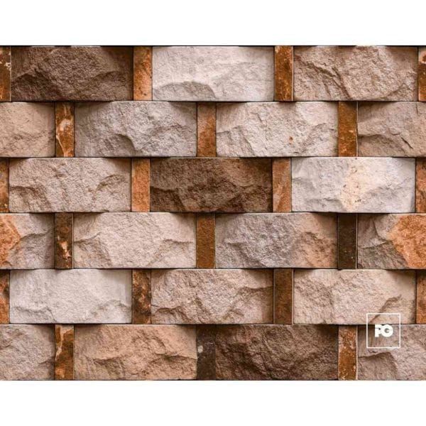 Fachaleta tipo piedra 30x45-cafe-foncer-plomeria garcia-ok | Plomería García Stacked beige and brown stone veneer wall with rectangular blocks and vertical joints.