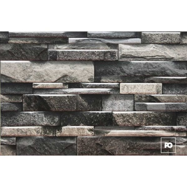 Fachaleta tipo piedra_30x45_alameda_plomeria garcia_ok | Plomería García Gray stacked-stone wall veneer with irregular rectangular stones in varying shades of gray to create a textured facade.