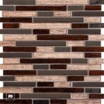 Malla30x30-cordoba-cenezzia-ok | Plomería García Close-up of a brown and gray tile mosaic arranged in a staggered brick pattern, with wood-grain and smooth rectangular tiles; pg logo appears in the bottom-left corner.
