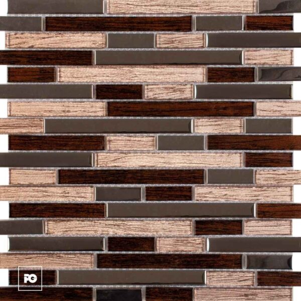 Malla30x30-cordoba-cenezzia-ok | Plomería García Close-up of a brown and gray tile mosaic arranged in a staggered brick pattern, with wood-grain and smooth rectangular tiles; pg logo appears in the bottom-left corner.