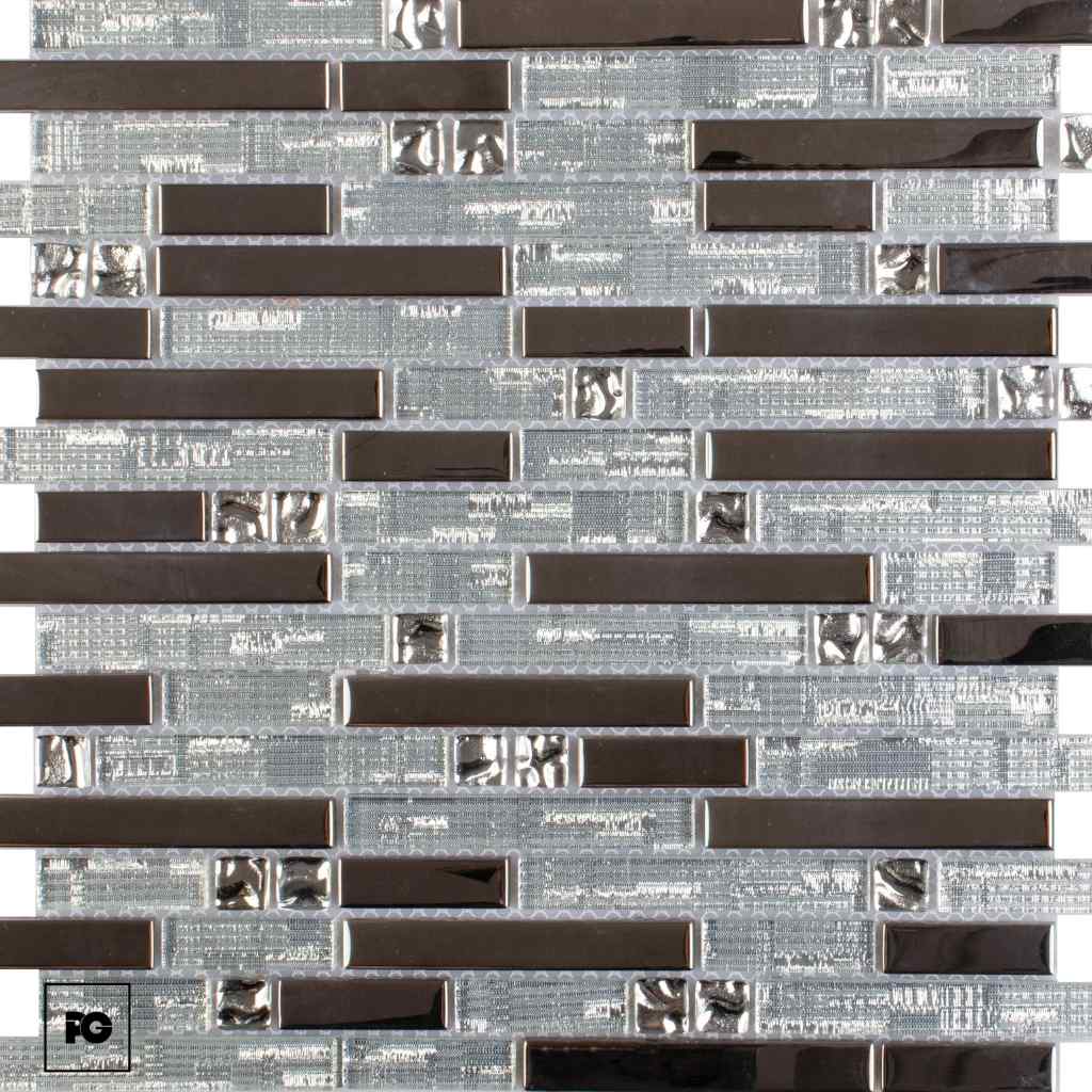 Gray and dark brown glass tile backsplash arranged in a staggered brick pattern, modern kitchen look. (tile mosaic)