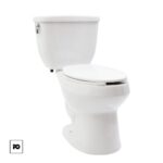 White ceramic toilet with closed lid and tank, set against a white background.