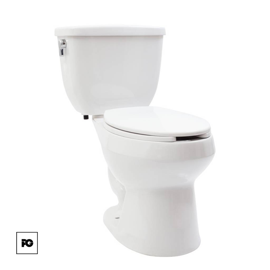 White ceramic toilet with closed lid and tank, set against a white background.