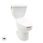 White porcelain toilet with tank and closed lid against a white background, full view from the side.