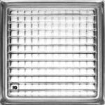 Vidrio block 19x19x8-transparente-cruzado-foncer-plomeria garcia-ok | Plomería García Stainless steel oven broiler rack with parallel bars in a square border.