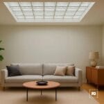 Vidrio block 19x19x8-transparente-nube-foncer-plomeria garcia-2-ok | Plomería García Minimalist living room with a light gray sofa, neutral pillows, a round wooden coffee table, and a sideboard with lamp under a skylight window.