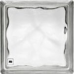 Vidrio block 19x19x8-transparente-nube-foncer-plomeria garcia-ok | Plomería García Square glass block with wavy inner edges and a small fg logo in the bottom-left corner.