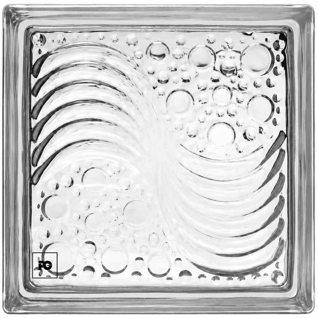 Vidrio block 19x19x8-transparente-oceano-foncer-plomeria garcia-ok | Plomería García Close-up of a square glass dish with bubbles and curved grooves creating an abstract pattern.
