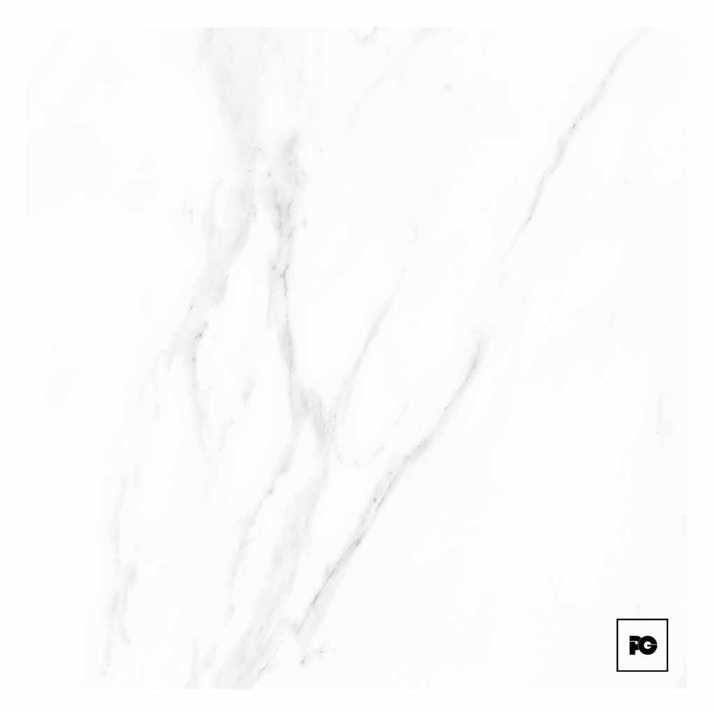 White marble texture with subtle gray veins and a small PG logo in the bottom-right corner.