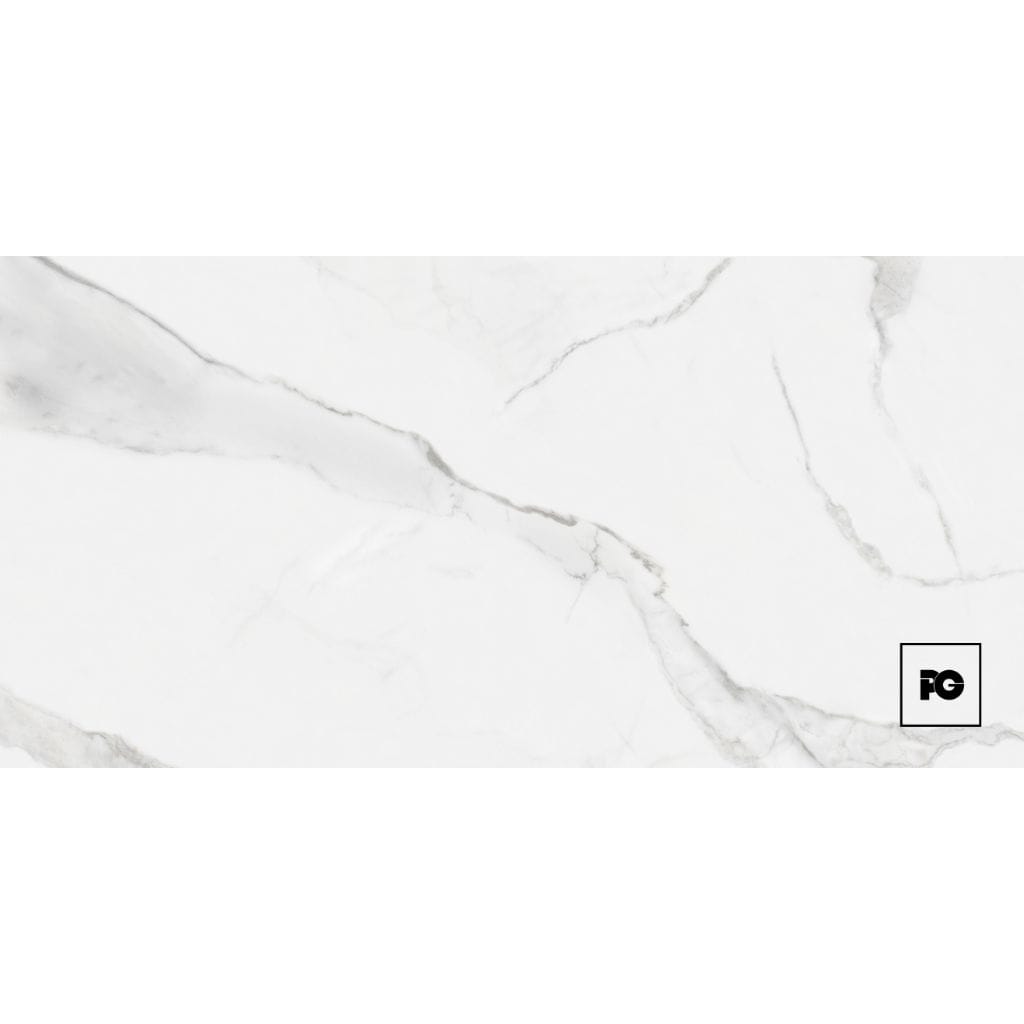 White marble texture with subtle gray veins and a small FG logo in a black square at the bottom-right corner.