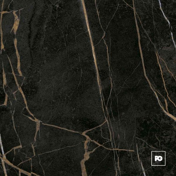 Dark marble texture with gold veins, bottom-right logo overlaid in a white square.