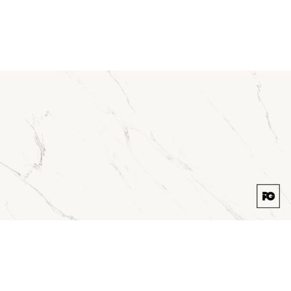 White marble background with subtle gray veins and a small black pg logo in a square bottom-right corner.