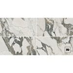 Piso porcelanico pulido rectificado color blanco-60x120-brillante-interior-vitola-castel-3-ok | Plomería García Four-panel marble tile collage with white and gray veining and a pg logo in the bottom-right corner.