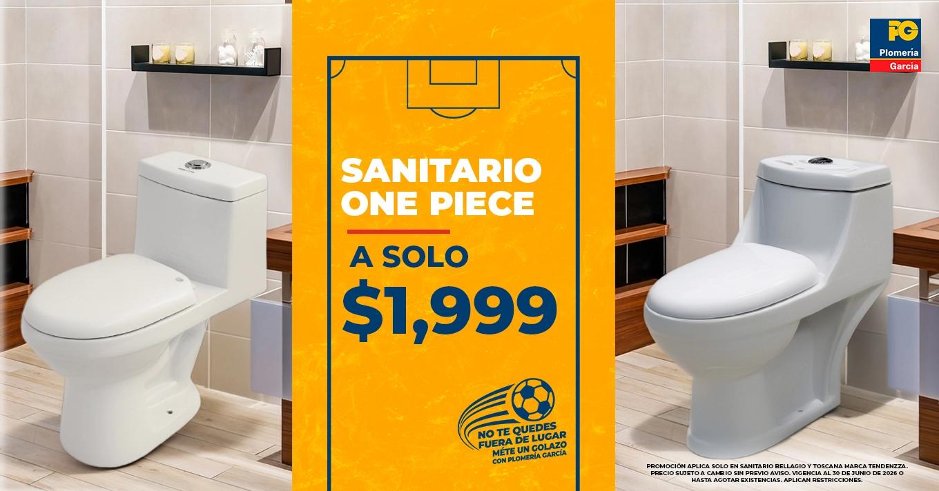 Advertisement banner for a one-piece toilet sale: 'a solo $1,999' in a showroom, flanked by two white toilets; orange background with a football logo and branding in the corner.