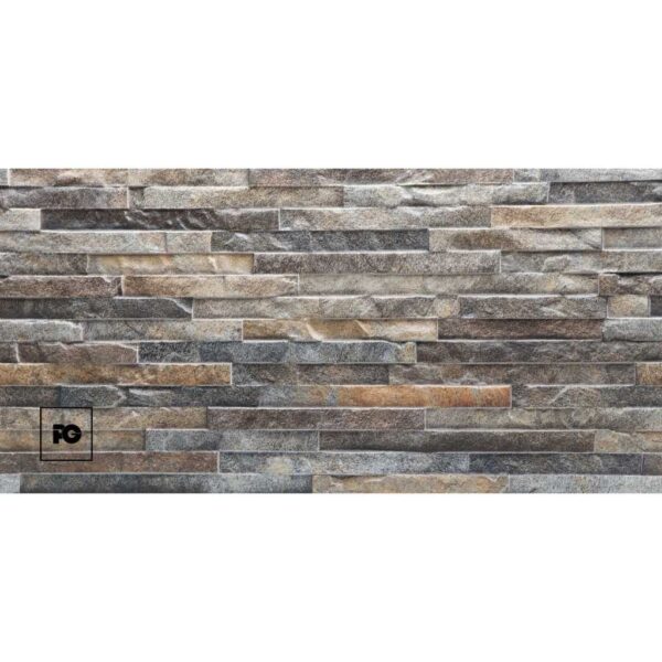 Fachaleta oxido-30x60-everest-cenezzia-ok | Plomería García Stone veneer wall with irregular gray-brown stones and a small black fg logo in a square at the lower-left corner